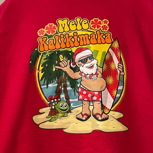 Hanes MELE KALIKIMAKA Hawaiian Surfing Santa Ugly Christmas Sweatshirt Size XL - Picture 2 of 4